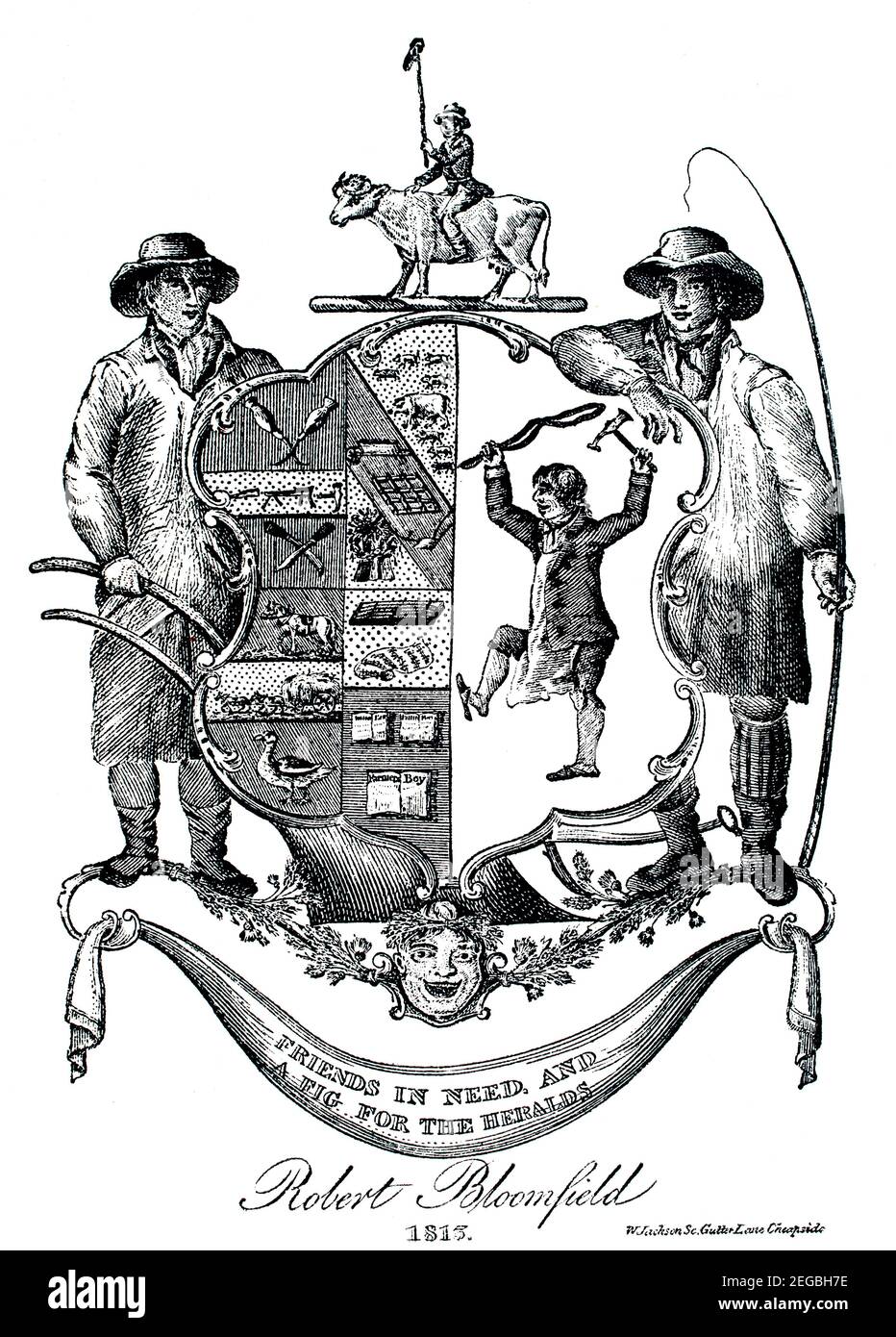 1815 bookplate of, English labouring-class poet Robert Bloomfield of Shefford, Suffolk, tailor’s son, with motto ‘a friend in need and a pig for the h Stock Photo