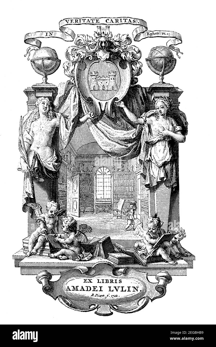 1722 French bookplate for Savoyard Amadei Lvlin (Amadeus Lullin) depicting library interior Stock Photo