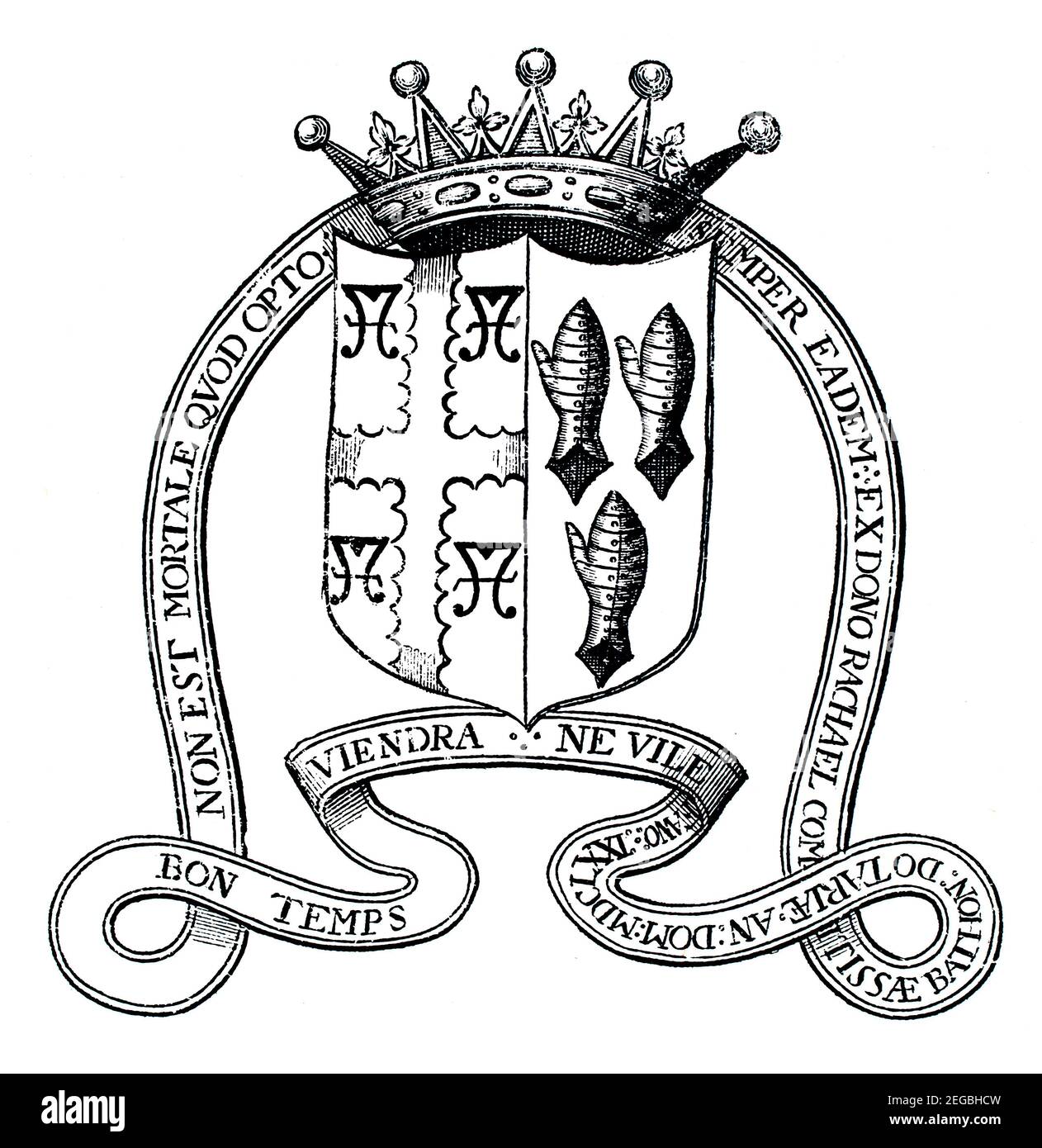 17th century armorial bookplate of Rachel Bourchier, Countess of Bath (1612/3-1680) Stock Photo