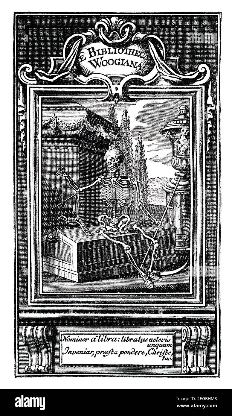 1600s German bookplate for Moritz Carl Christian Woog, Woogiana, (1684-1760) depicting skeleton with scythe and scales by Friesland, engraver Boetius Stock Photo