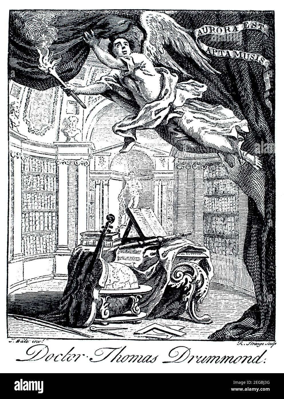 1700s bookplate for Doctor Thomas Drummond drawn by T Wall and engraved by Robert Strange Stock Photo