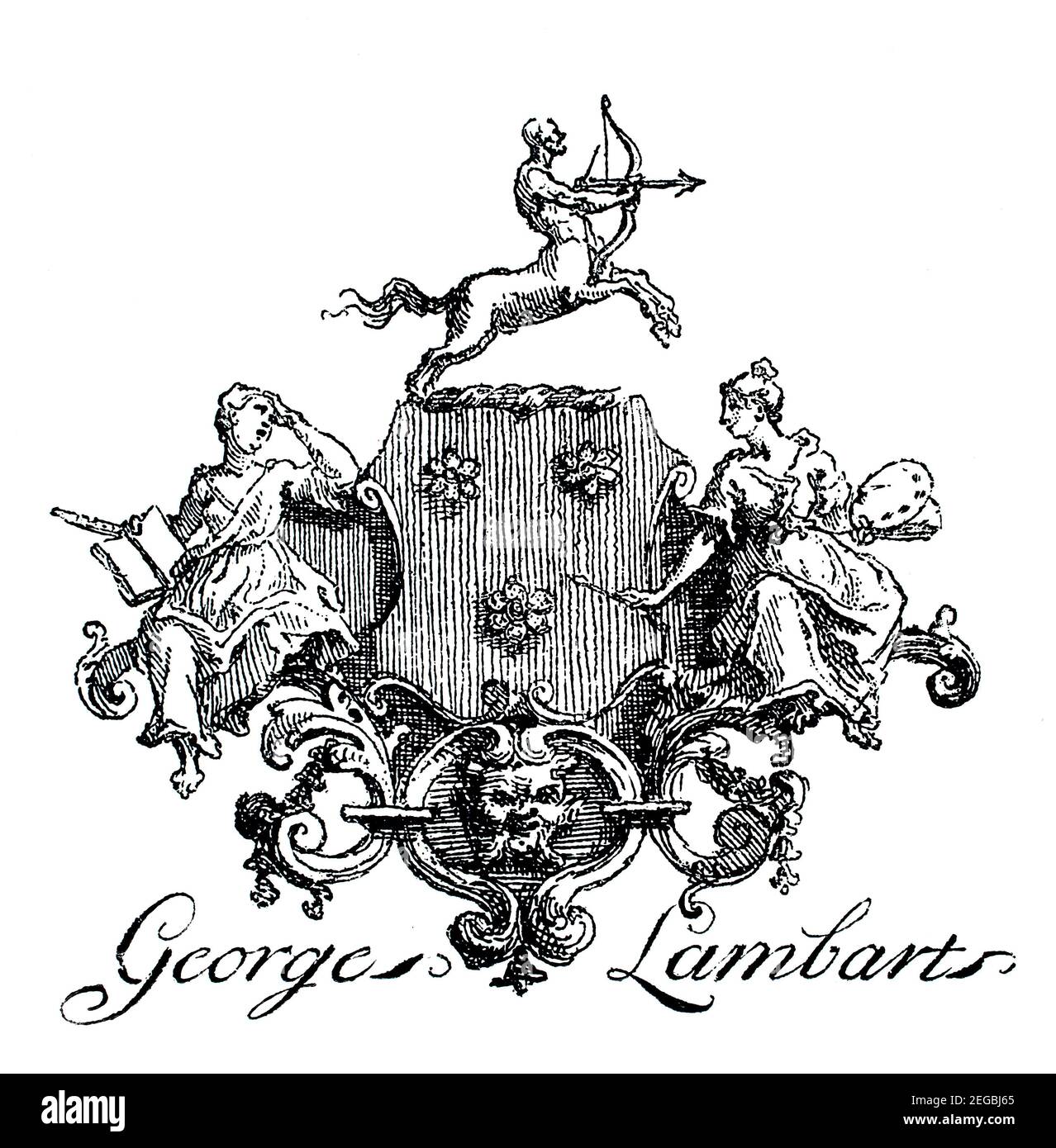 mid 1700s bookplate for landscape painter William Lambart  of Banstead, engraved by British satirical artist William Hogarth (1697-1764) Stock Photo