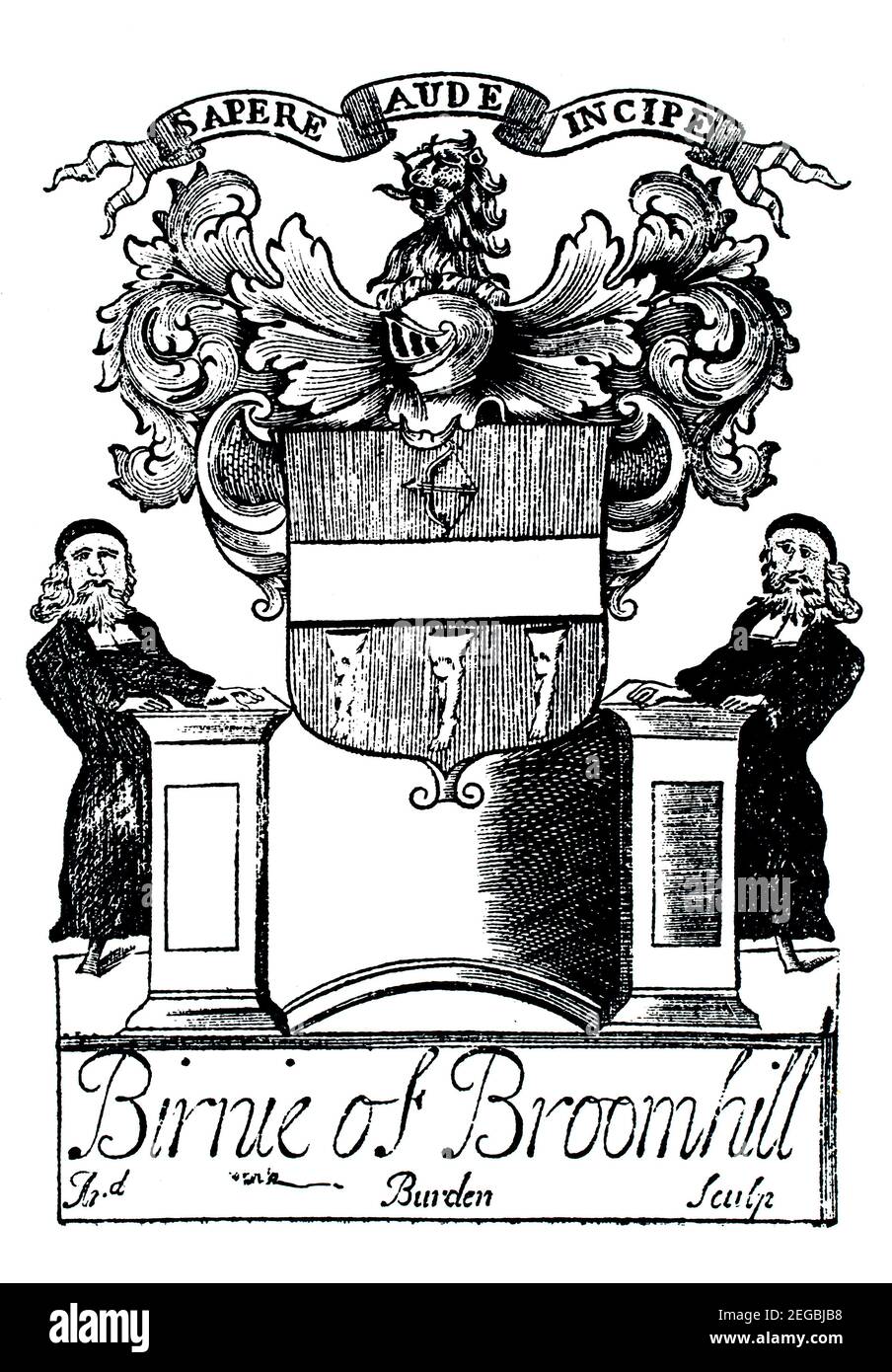 early 1700s Scottish bookplate for John Birnie of Broomhill, 1674- Dalserf, Lanarkshire Stock Photo