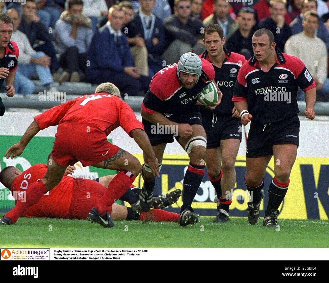 Rugby Union - Heineken Cup - Pool 3 - Toulouse v Saracens - 7/10/00 Danny  Grewcock - Saracens runs at Christian Labit - Toulouse Mandatory Credit:  Action Images / Andrew Budd Stock Photo - Alamy