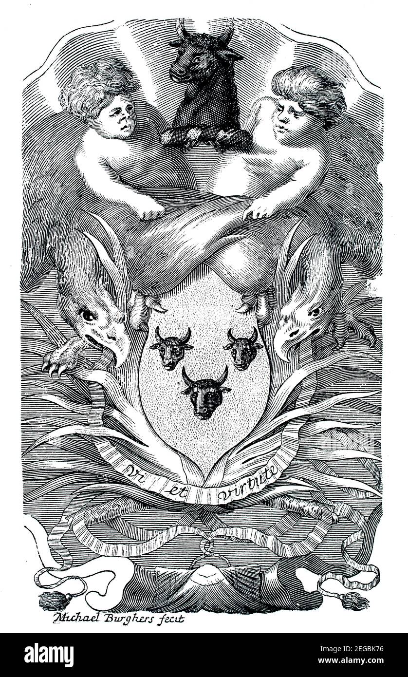1660s bookplate of writer on heraldry Sir Thomas Gore 1632-1684 of Alderton Wiltshire engraved by Dutch engraver,Michael Burghers Stock Photo