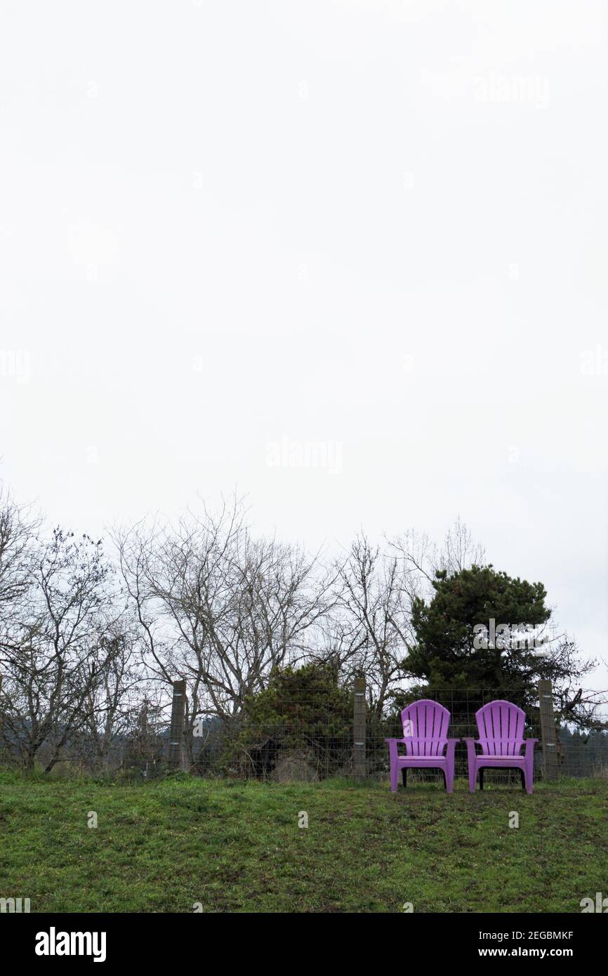 Two empty, purple plastic lawn chairs side by side. Stock Photo