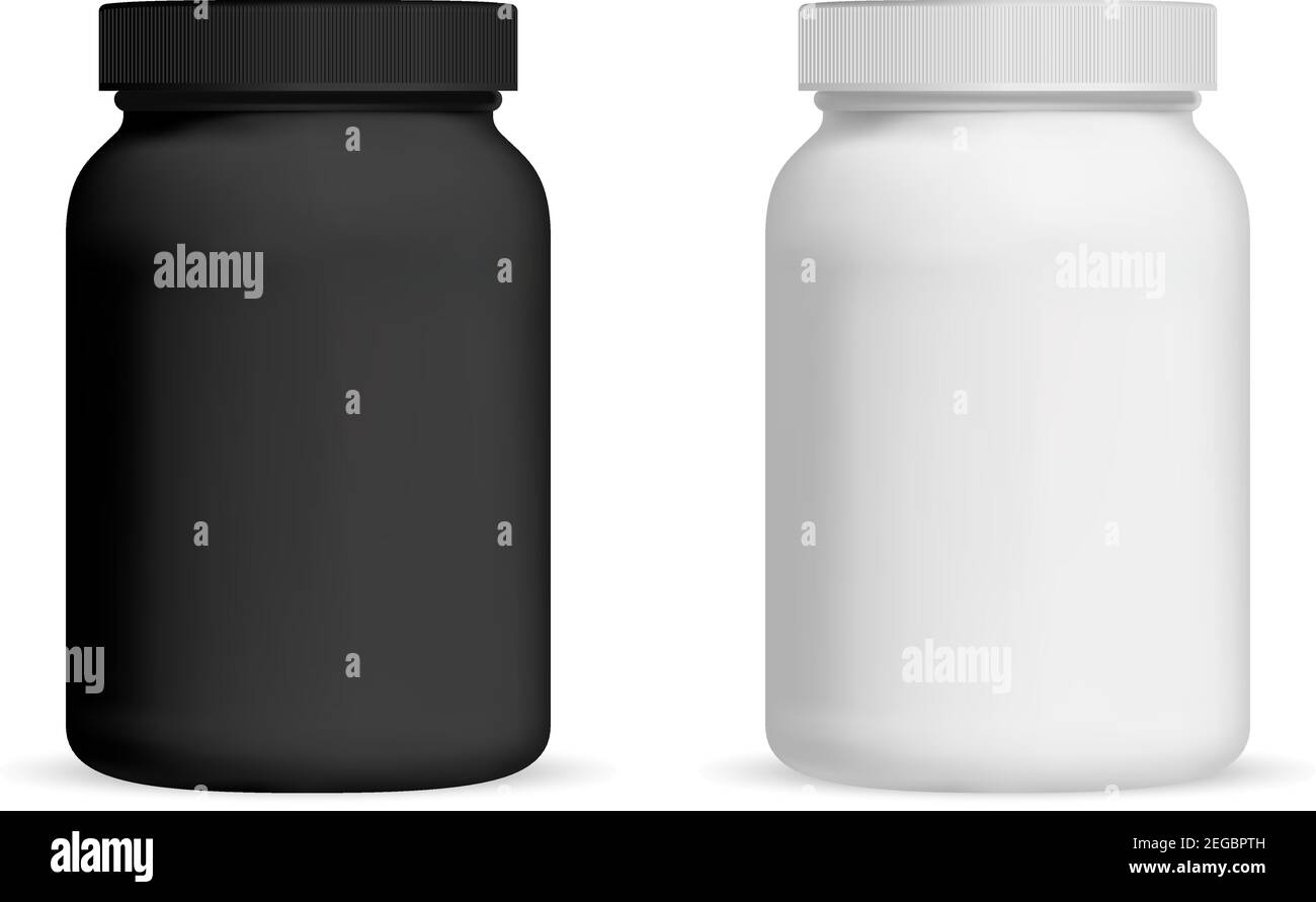 Black protein powder container mockup and dumbbell
