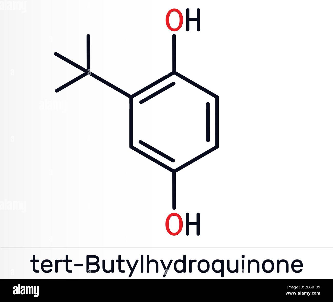 TBHQ, tert-Butylhydroquinone, tertiary butylhydroquinone molecule. It is antioxidant, food additive E319, derivative of hydroquinone. Skeletal chemica Stock Photo