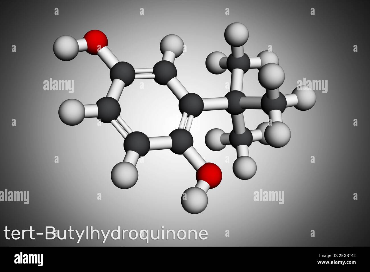 TBHQ, tert-Butylhydroquinone, tertiary butylhydroquinone molecule. It is antioxidant, food additive E319, derivative of hydroquinone. Molecular model. Stock Photo