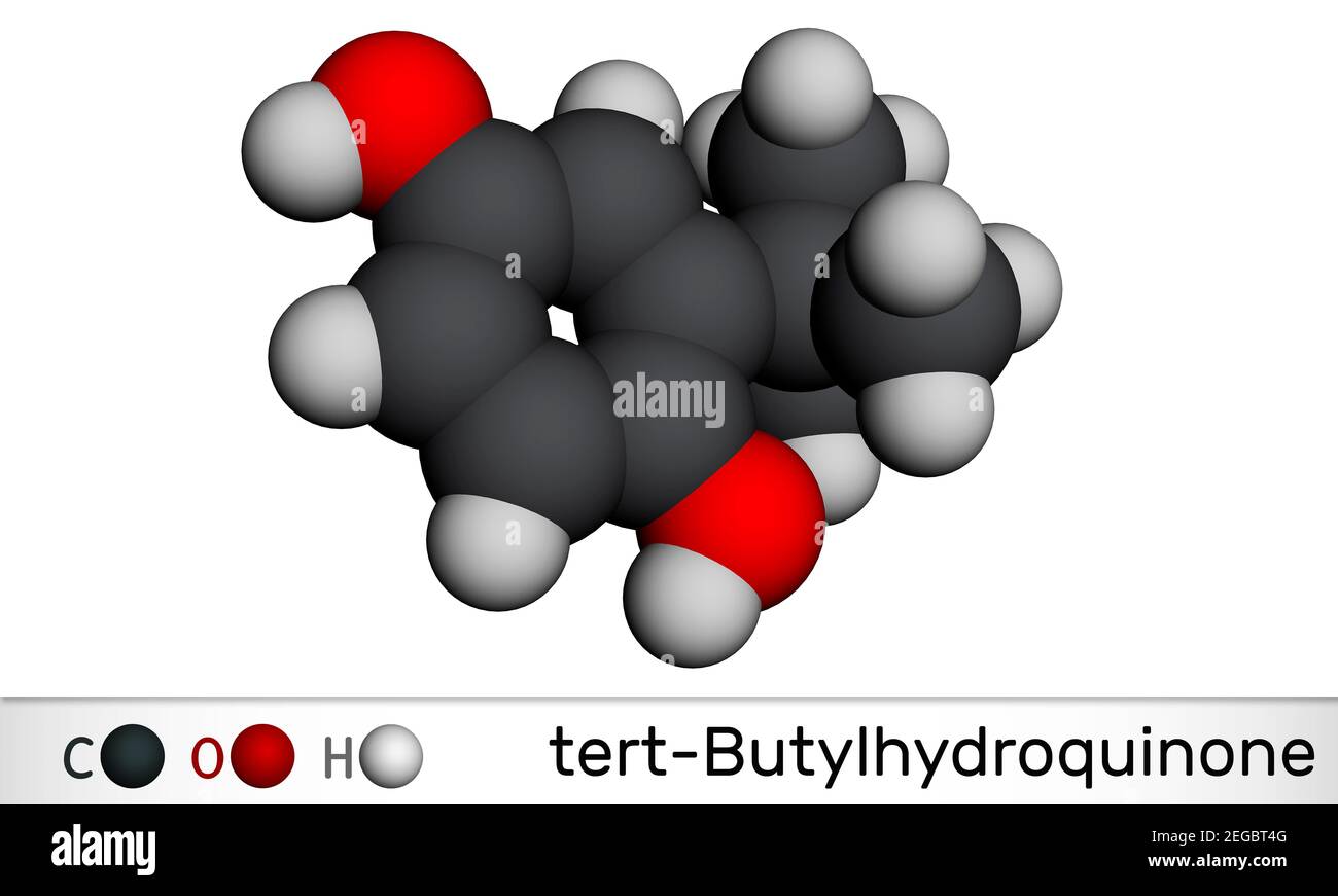 TBHQ, tert-Butylhydroquinone, tertiary butylhydroquinone molecule. It is antioxidant, food additive E319, derivative of hydroquinone. Molecular model. Stock Photo