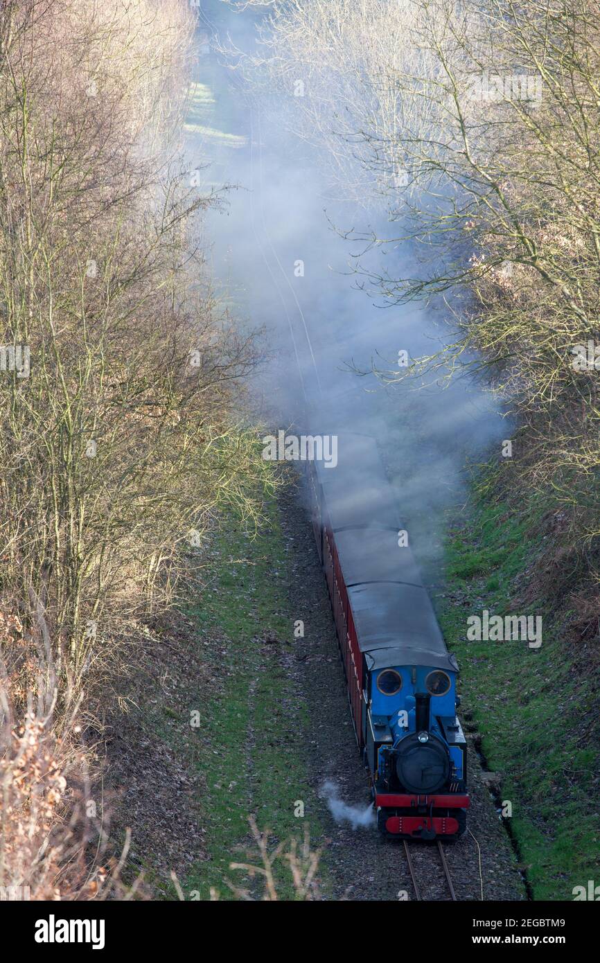 A steam train of the Kirklees Light Railway running through a cutting near Skelamnthorpe, West Yorkshire Stock Photo