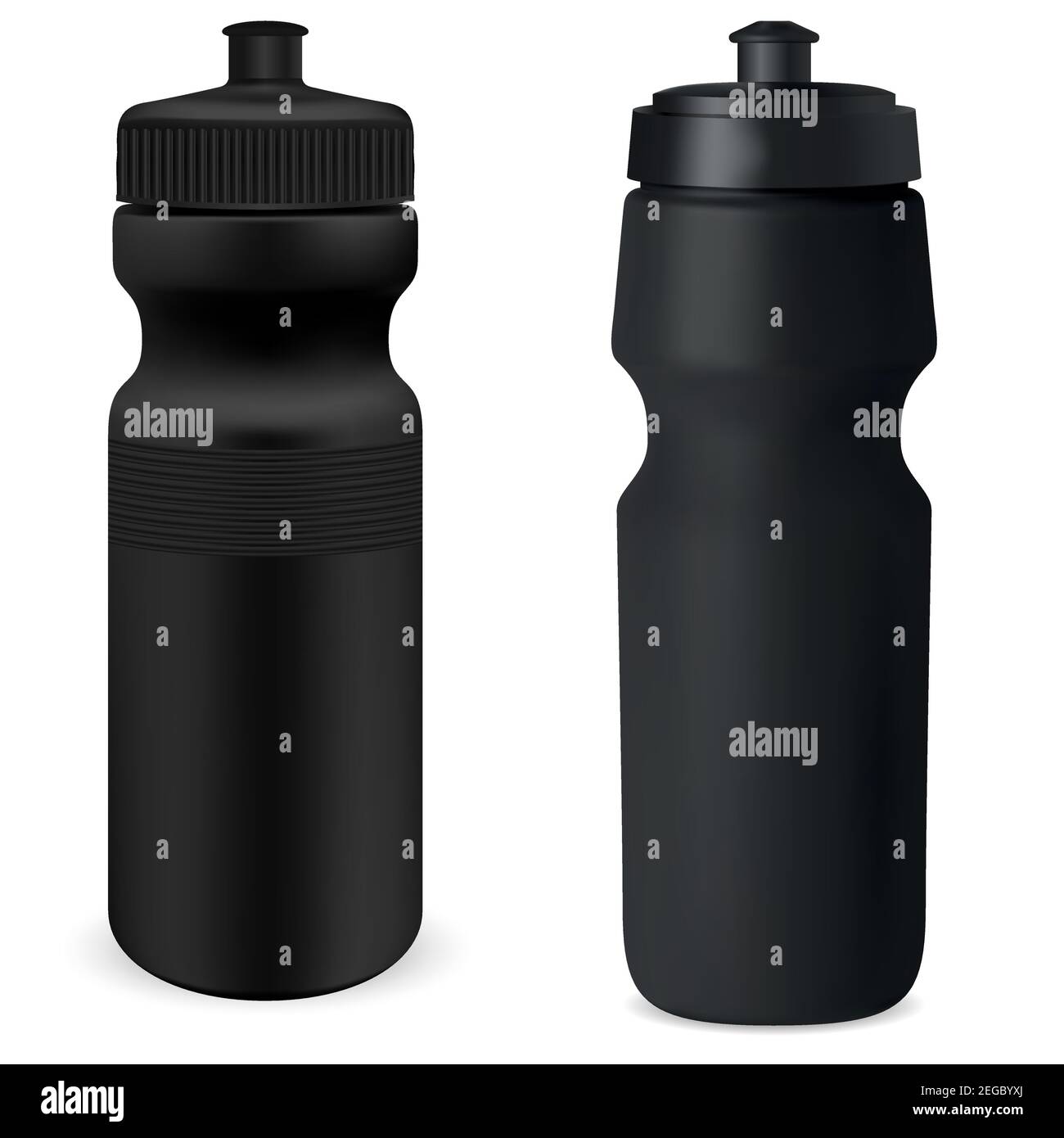 Black sport bottle mockup. Water flask set. Protein can blank
