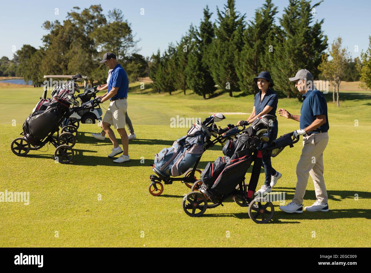 Four caucasian senior men and women walking across golf course holding golf bags Stock Photo