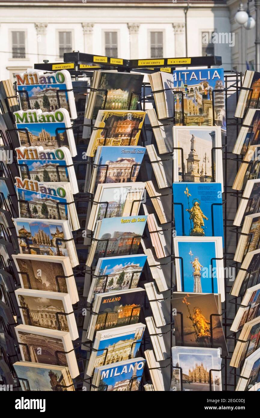 rack of postcards for sale on street  in Milan, Italy Stock Photo