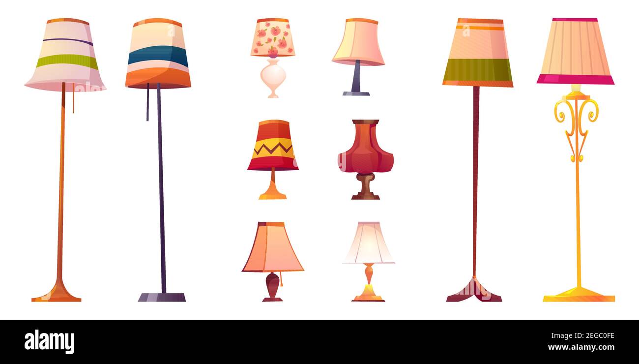 Set of cartoon lamps, floor and table torcheres with different lampshades on long and short stands. Design element for home illumination and decor isolated on white background, vector illustration Stock Vector