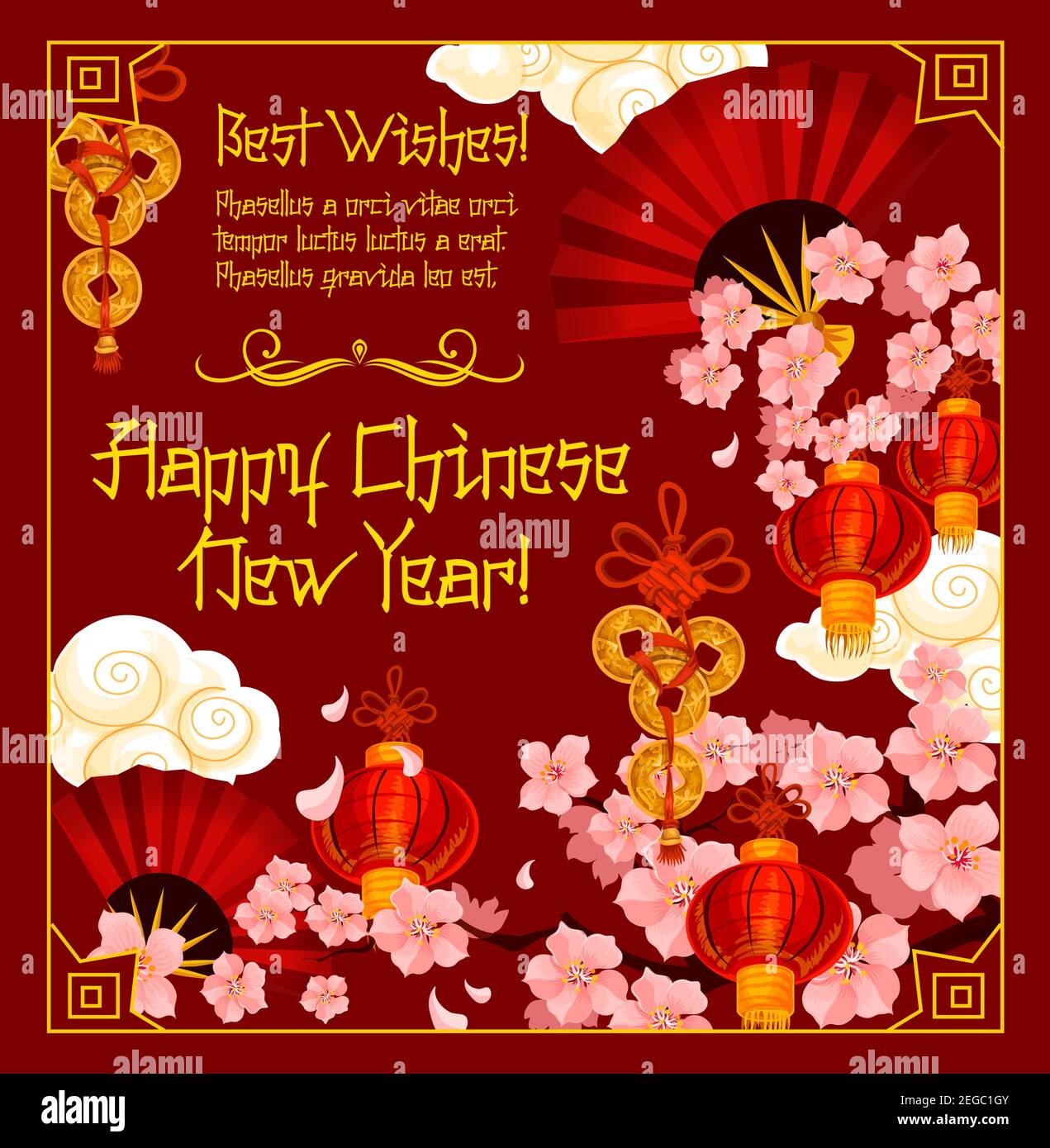 Happy Chinese New Year Traditional Red Greeting Card And Golden Lunar  Holiday Symbols Of Gold Coins, Lucky Knot Ornament And Cherry Blossom  Sakura Flo Stock Vector Image & Art - Alamy