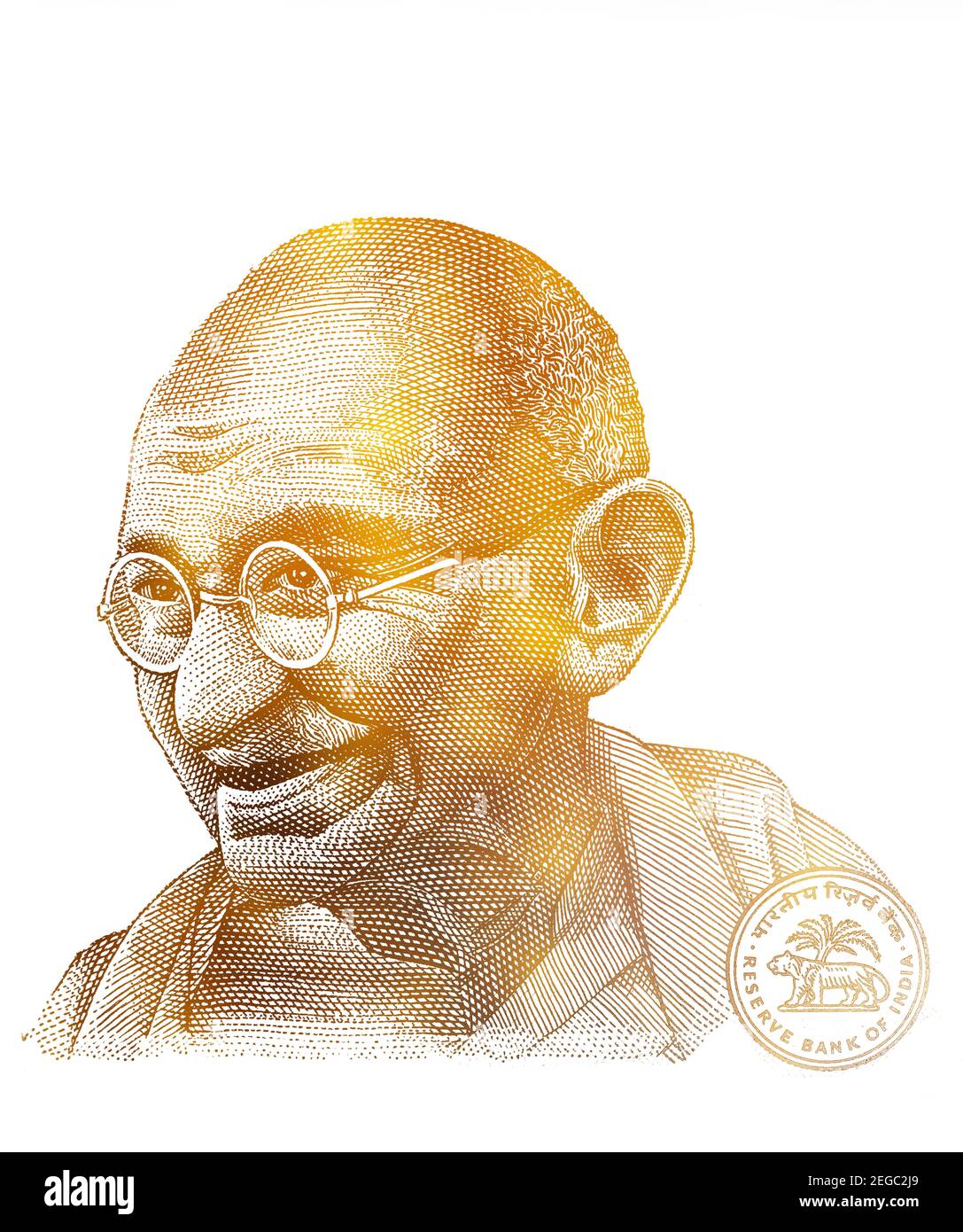 Golden Mahatma Gandhi cut from 10 Indian rupee for design purpose Stock Photo