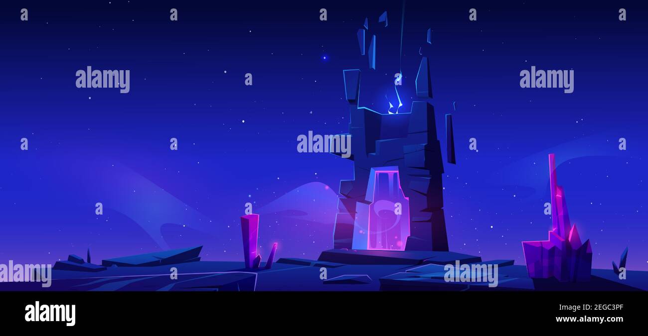 Magic portal in stone frame on mountain at night. Vector cartoon fantasy illustration, game landscape with mystic neon glow in ancient arch, portal with pink plasma light and crystals Stock Vector