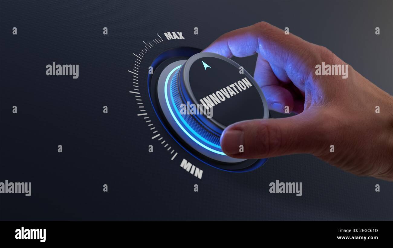 Enhancing innovation and technology development concept with a person choosing higher innovative products by turning a knob or dial by hand. Business Stock Photo