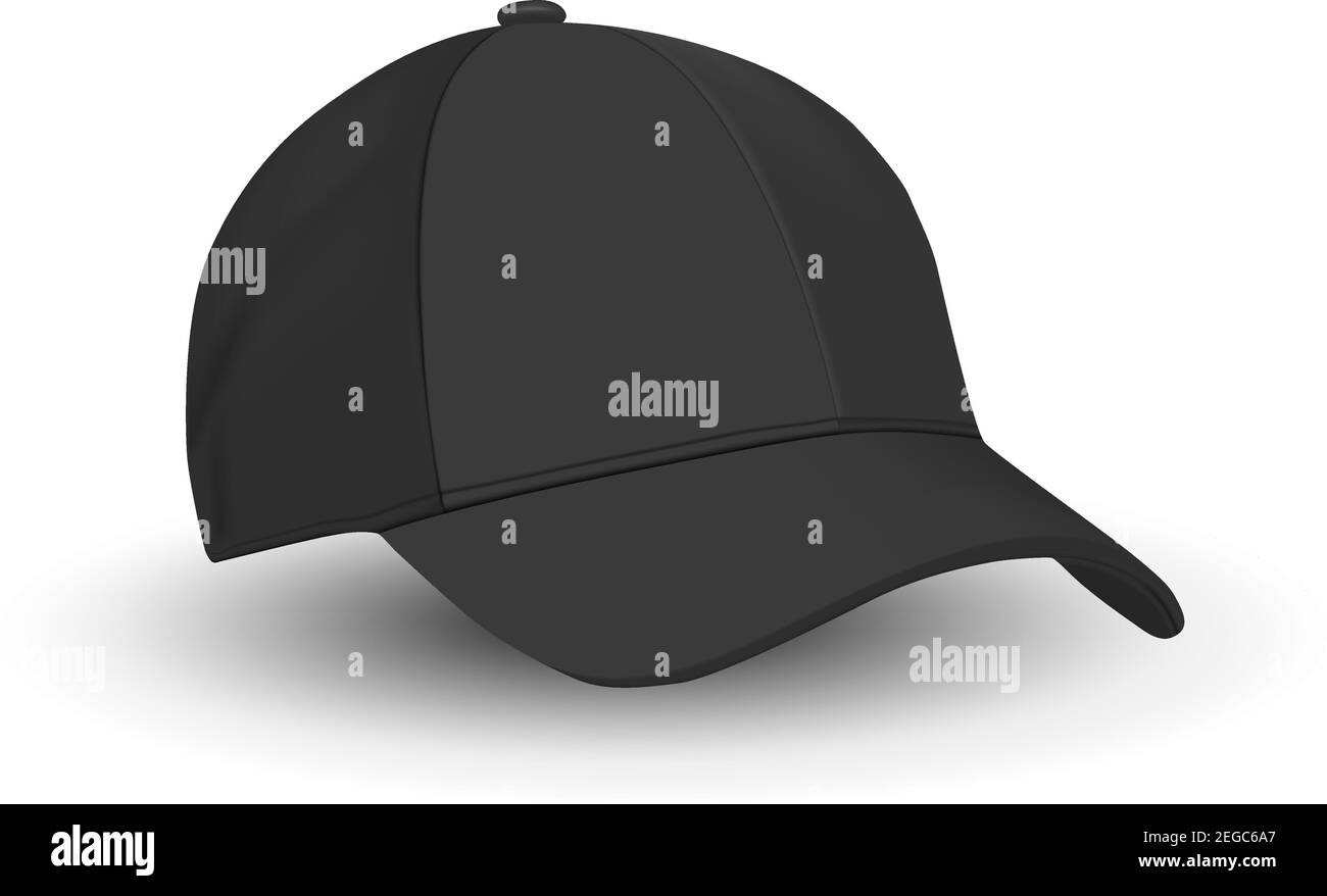 Black Baseball Cap Template. Vector Hat Mockup Isolated on White. Basic Black Blank of Sport Wear Hat. Side View. Tennis Sports Merchandise. Realistic Stock Vector