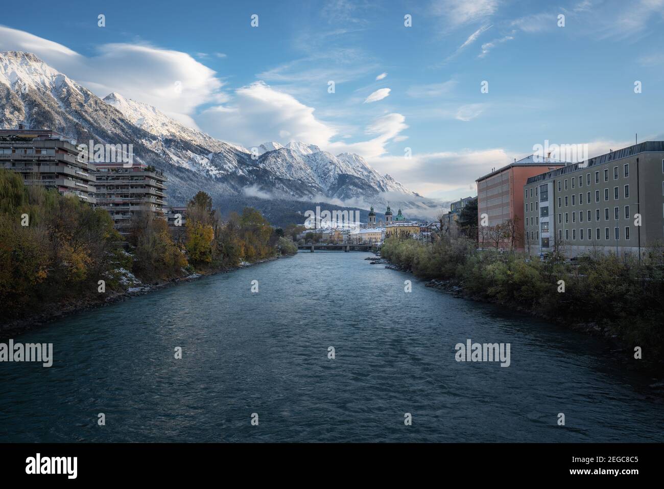 Inn River, Innsbruck skyline and Alps Mountains - Innsbruck, Tyrol, Austria Stock Photo