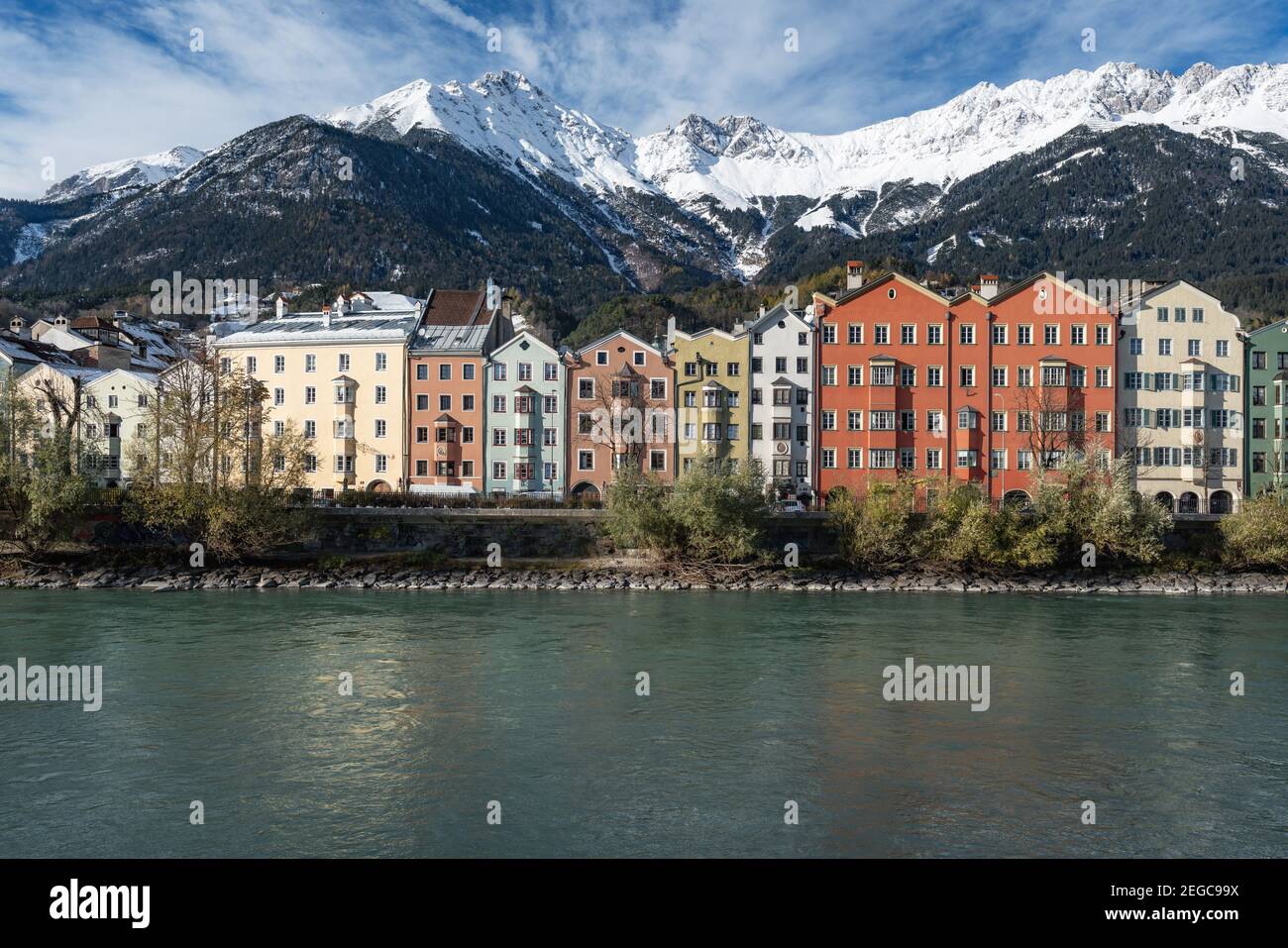 Colorful houses and Alps Mountains - Innsbruck, Tyrol, Austria Stock Photo