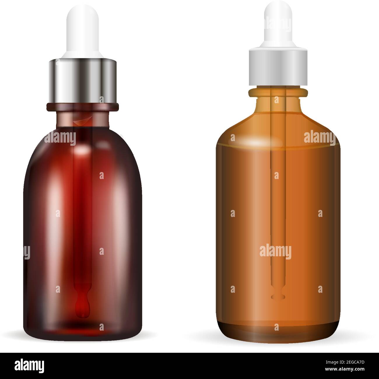 Cosmetic bottle with dropper. Amber or brown glass medical vial for organic liquid, aromatic essence, serum. Realistic flask with eyedropper for colla Stock Vector