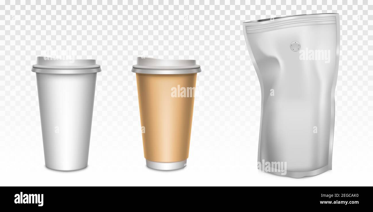 White paper cups for tea and coffee and foil zip lock bag with degassing valve. Vector realistic mockup of disposable mugs with plastic caps and brown holder for hot drinks and coffee pouch package Stock Vector