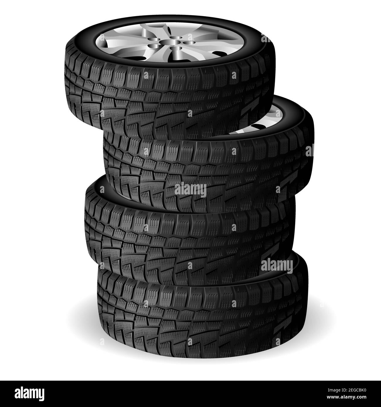 Winter tire stack. Tyre repair shop. Auto wheel vector illustration. Realistic Automobile rubber 3d render with rim. Cold snow worn and protect. New q Stock Vector