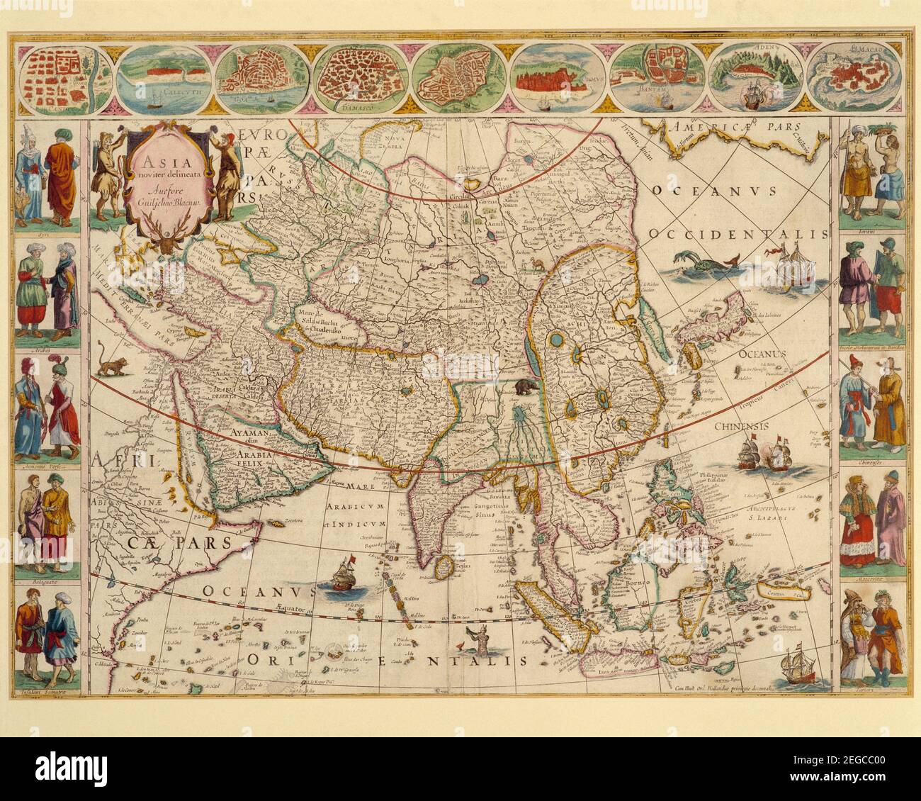 Artwork. Historical map. Asia noviter delineata Auctore Guiljelmo Blaeuw by W. Blaeu. Atlas edition circa 1650. Stock Photo