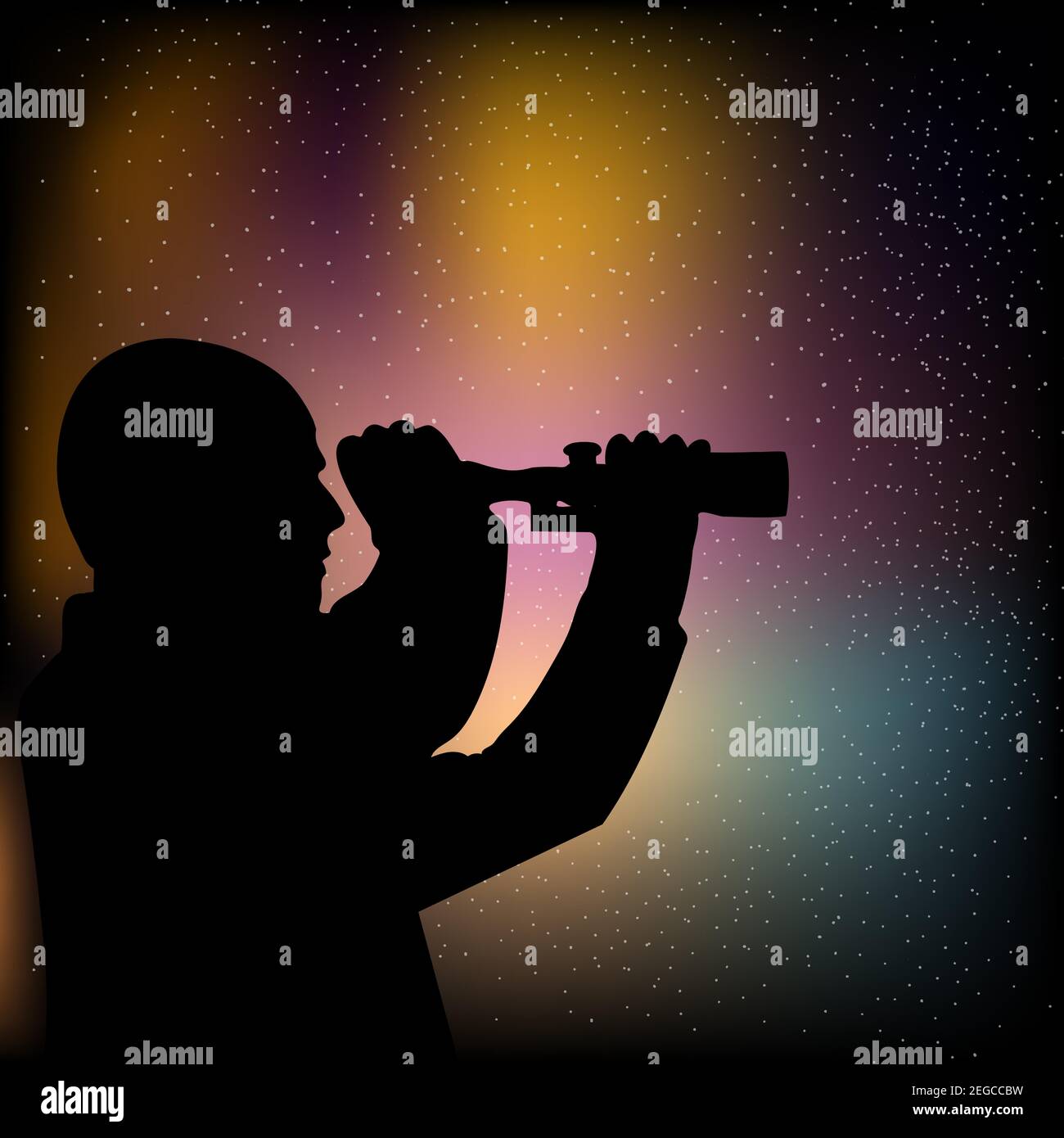 man looking at scope silhouette, stars observers. Stock Vector illustration isolated on white background. Stock Vector