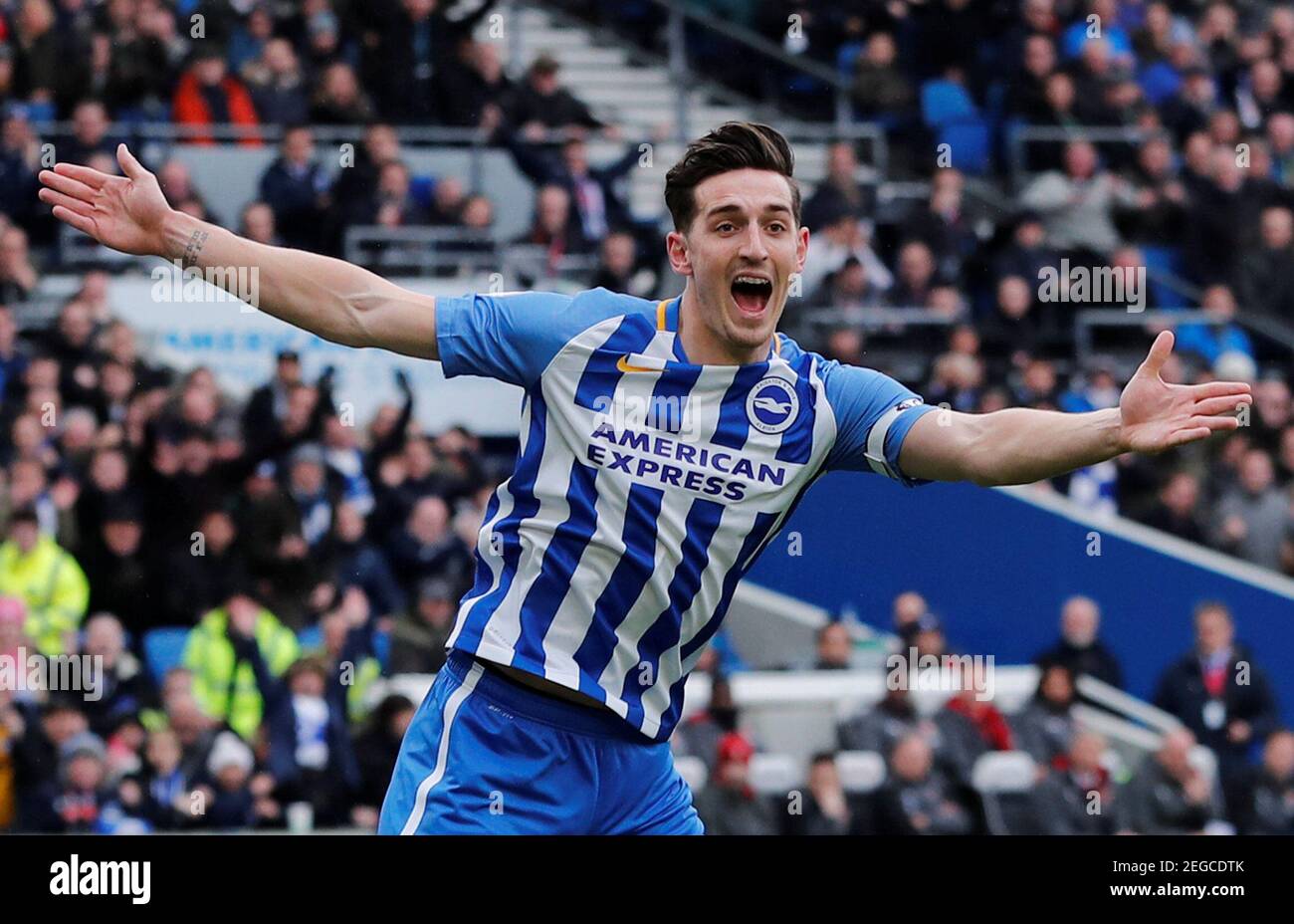 Soccer Football - Premier League - Brighton & Hove Albion vs Arsenal - The American Express Community Stadium, Brighton, Britain - March 4, 2018   Brighton's Lewis Dunk celebrates scoring their first goal    REUTERS/Eddie Keogh    EDITORIAL USE ONLY. No use with unauthorized audio, video, data, fixture lists, club/league logos or 'live' services. Online in-match use limited to 75 images, no video emulation. No use in betting, games or single club/league/player publications.  Please contact your account representative for further details. Stock Photo