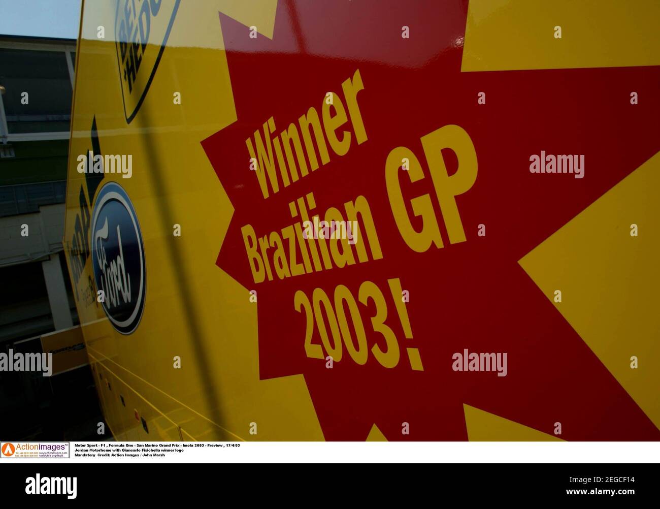 Motor Sport F1 Formula One San Marino Grand Prix Imola 03 Preview 17 4 03 Jordan Motorhome With Giancarlo Fisichella Winner Logo Mandatory Credit Action Images John Marsh Stock Photo Alamy Motor Sport F1 Formula One San Marino Grand Prix Imola 03 Preview 17 4 03 Jordan Motorhome With Giancarlo Fisichella Winner Logo Mandatory Credit Action Images John Marsh Stock Photo Alamy