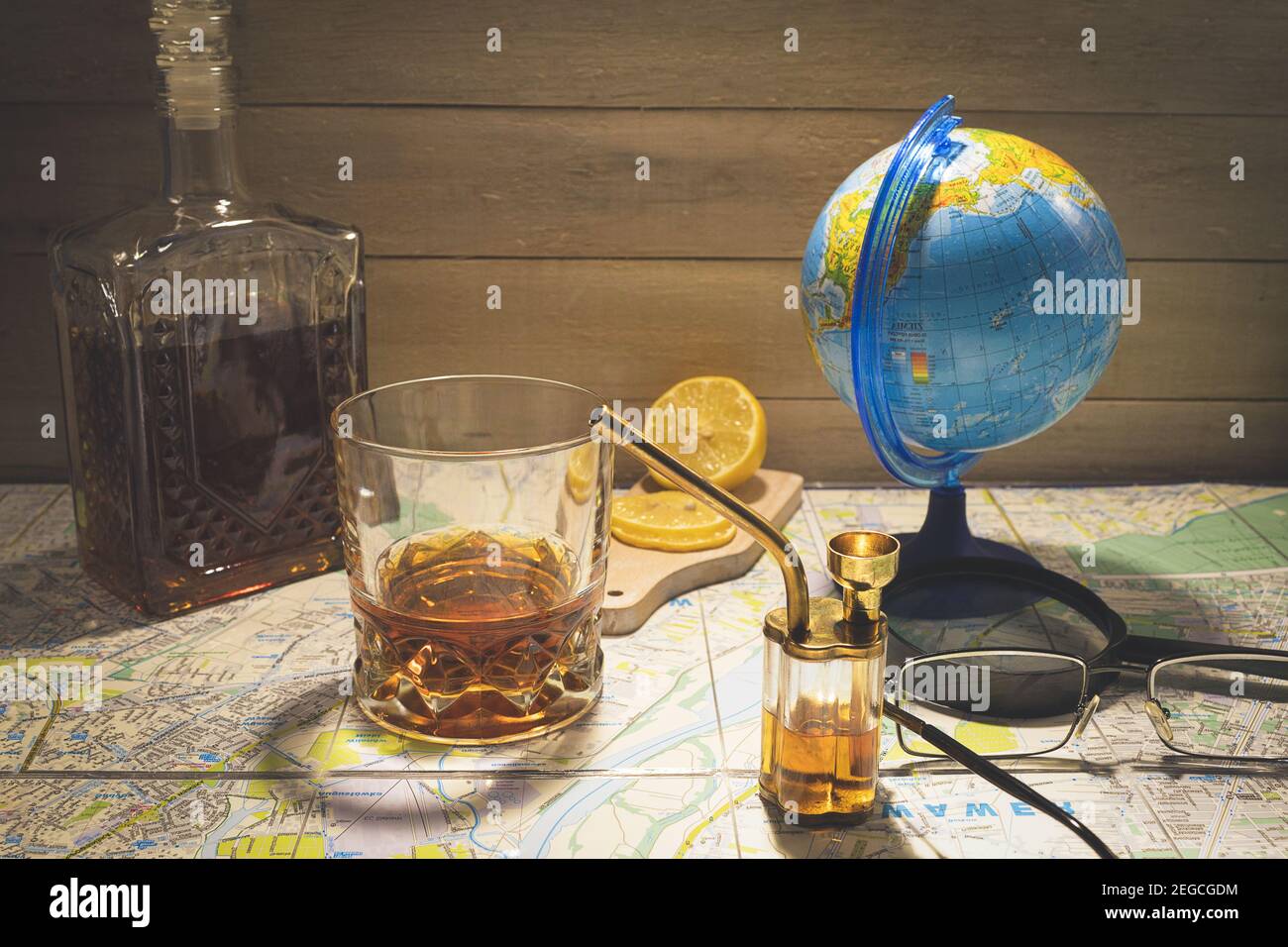 disconnected forget Arab Sarabo Glass bong for smoking marijuana with copy space. Alcohol with lemon and  drugs with a hookah on the table. Bong drug smoking pipe Stock Photo - Alamy