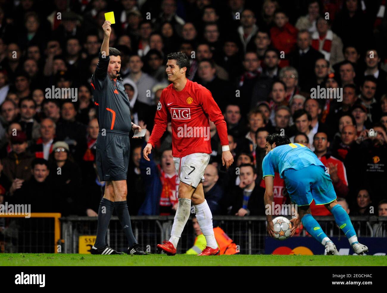 Football - Manchester United v FC Barcelona - UEFA Champions League Semi  Final - Second Leg - Old Trafford - 07/08 - 29/4/08 Manchester United's  Cristiano Ronaldo is shown the yellow card