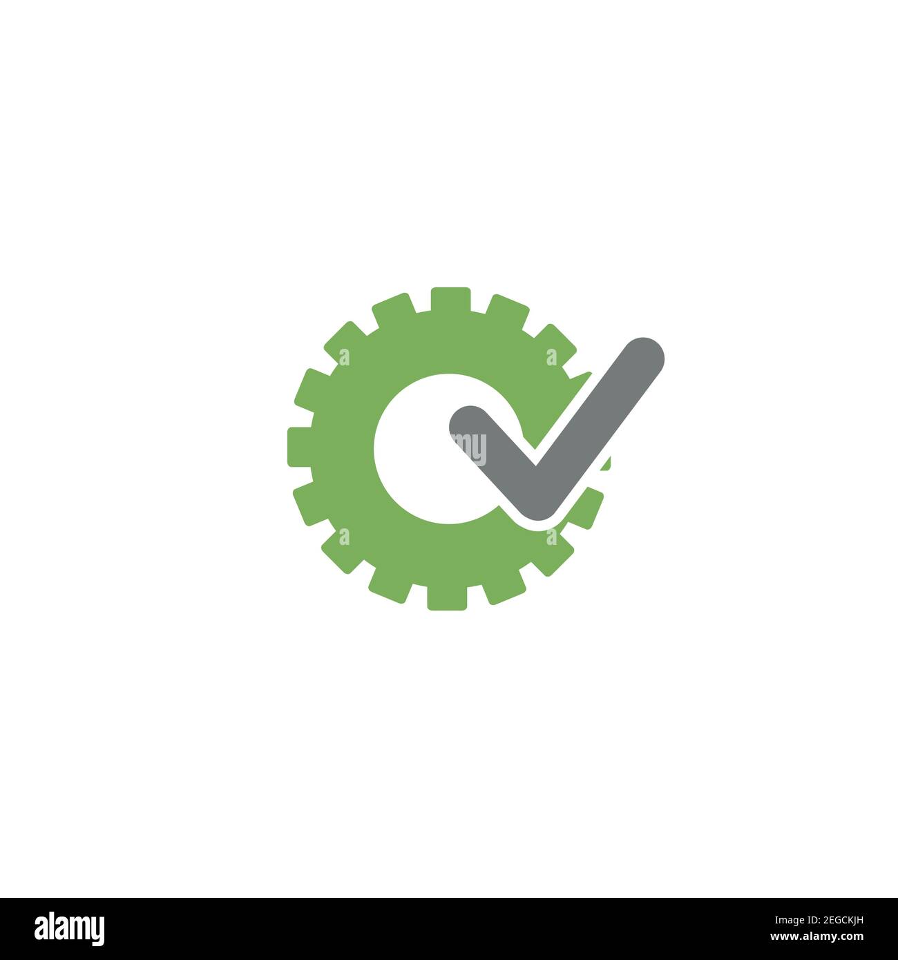 Green gear with grey tick icon. Vector flat illustration for technology