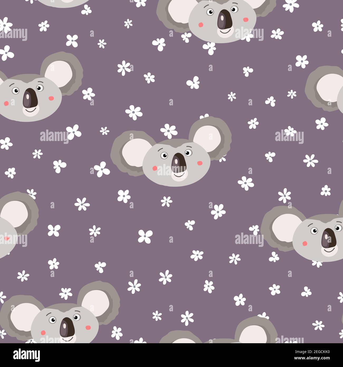 Seamless pattern with cute koala baby and flowers on white background ...