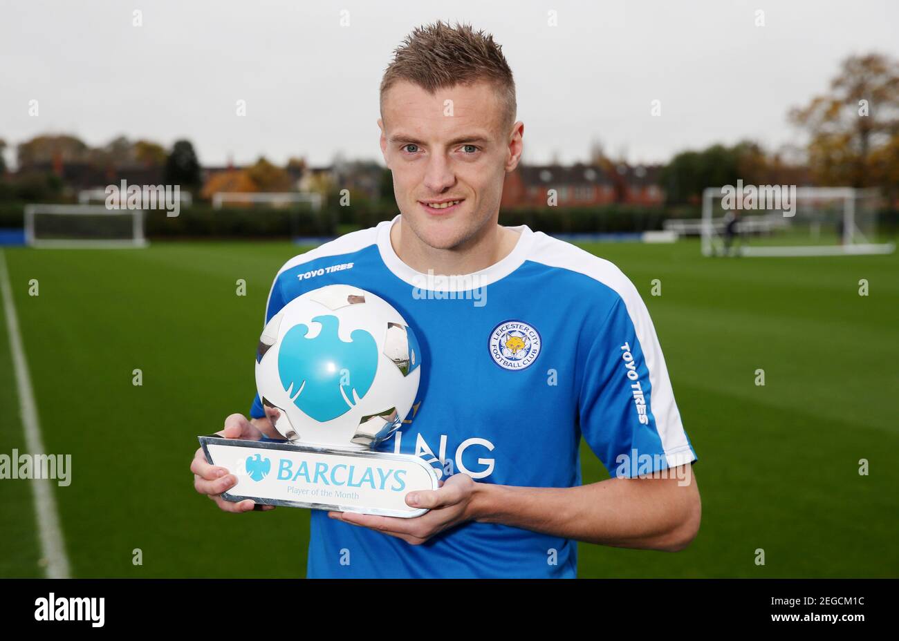 Football - Barclays Player of the Month Award - Leicester City Football  Club Youth Academy - 6/11/15 Leicester's Jamie Vardy poses with the October  Barclays Player of the Month trophy Mandatory Credit: