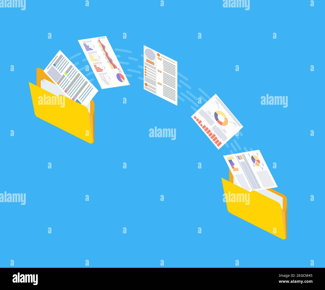 Files transfer. Documents management. Two folders transferred documents