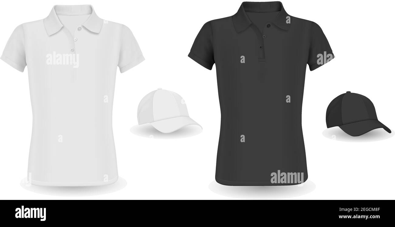 Baseball Cap Template and Polo Shirt Mockup. Black and White Vector ...