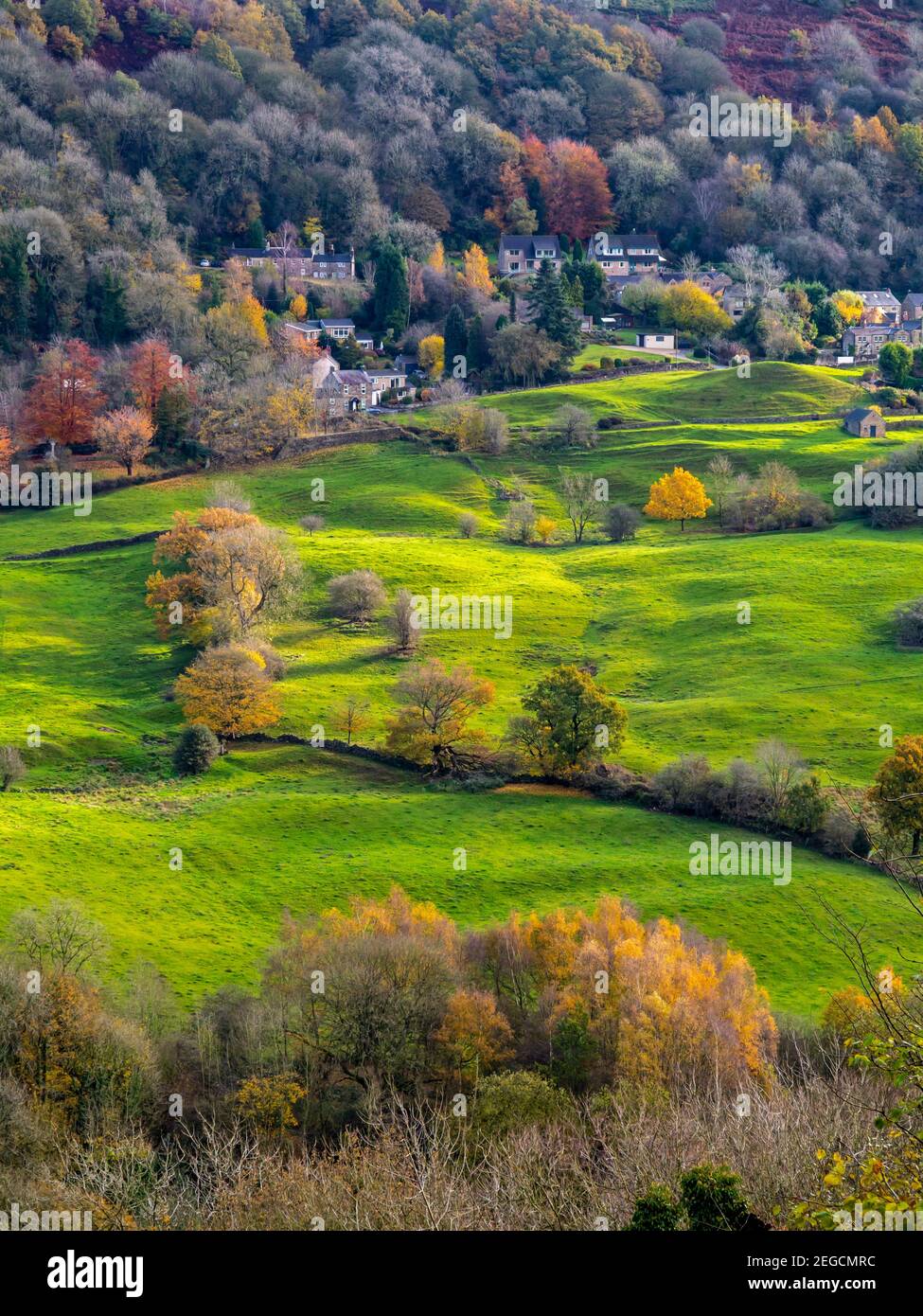 View over fields towards Starkholmes village from Matlock Bath in the