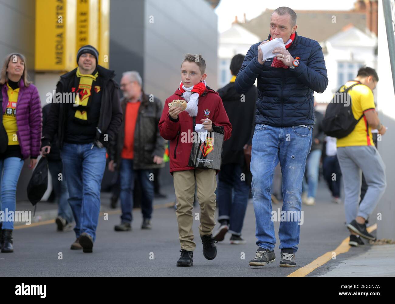 Britain Soccer Football - Watford v Southampton - Premier League - Vicarage Road - 4/3/17 Watford fans outside the stadium before the game Reuters / Paul Hackett Livepic EDITORIAL USE ONLY. No use with unauthorized audio, video, data, fixture lists, club/league logos or 'live' services. Online in-match use limited to 45 images, no video emulation. No use in betting, games or single club/league/player publications.  Please contact your account representative for further details. Stock Photo