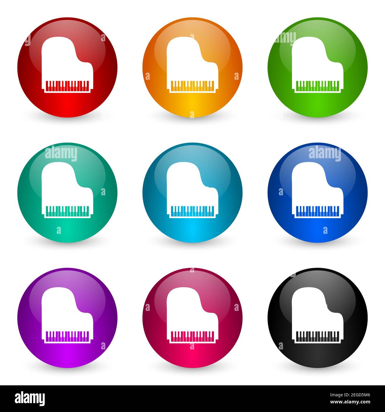 Piano, music icon set, colorful glossy 3d rendering ball buttons in 9 ...