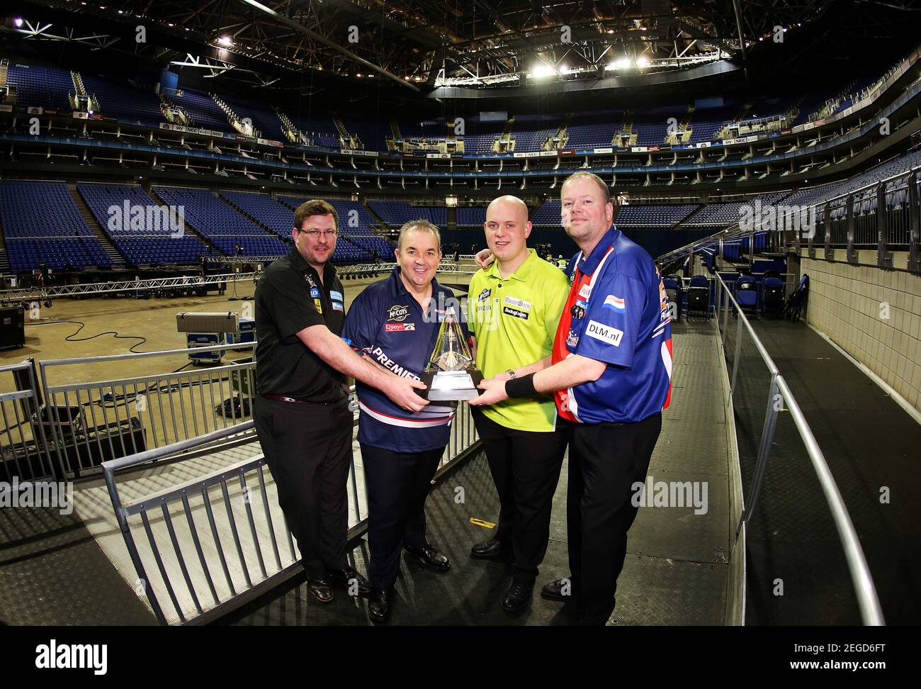 Darts - McCoy's Premier League Darts 2013 Play-Offs Preview - The O2 Arena,  London - 15/5/13 (From L-R) James Wade, Phil Taylor, Michael Van Gerwen and  Raymond Van Barneveld pose with the