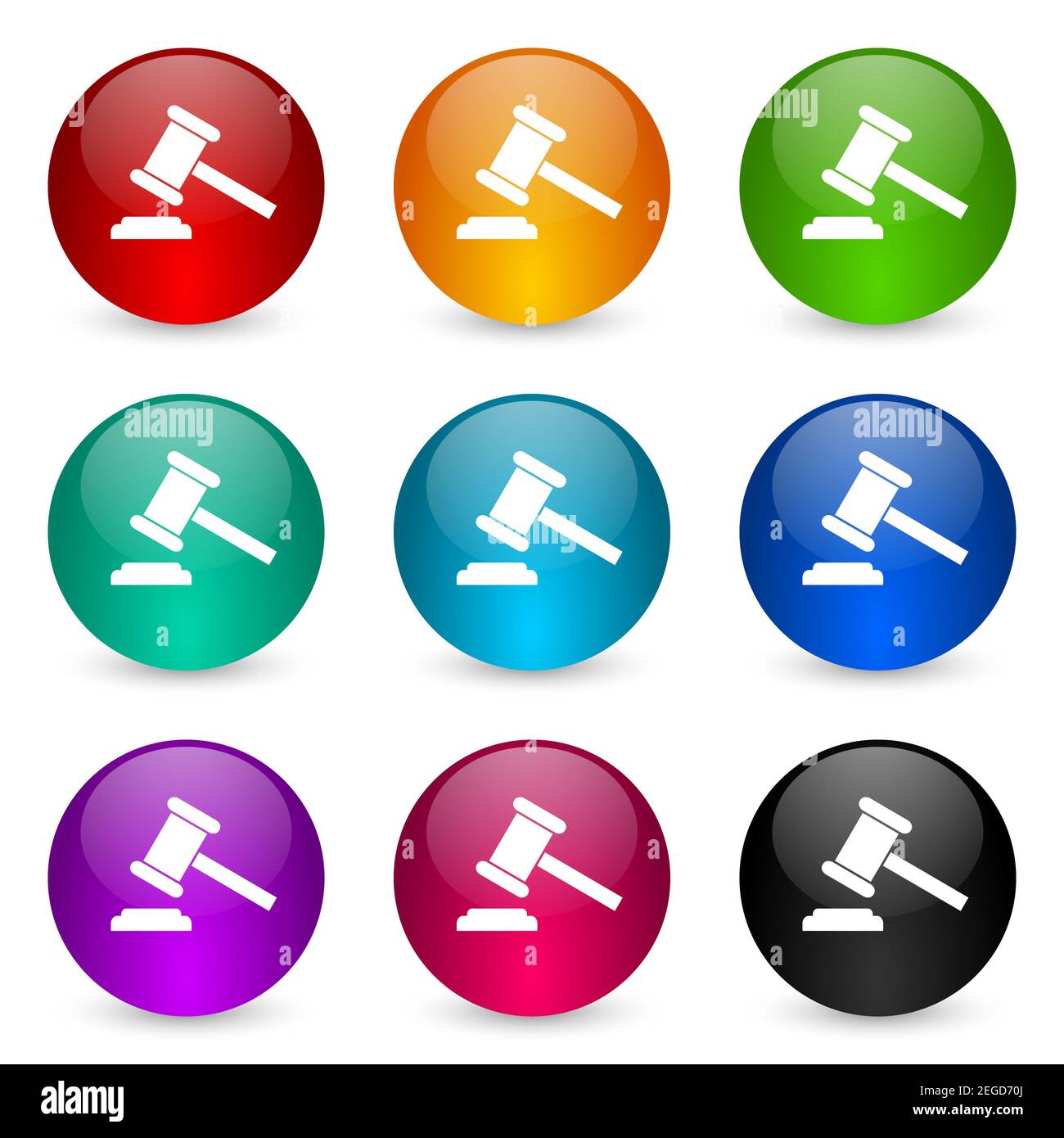 Auction icon set, colorful glossy 3d rendering ball buttons in 9 color ...