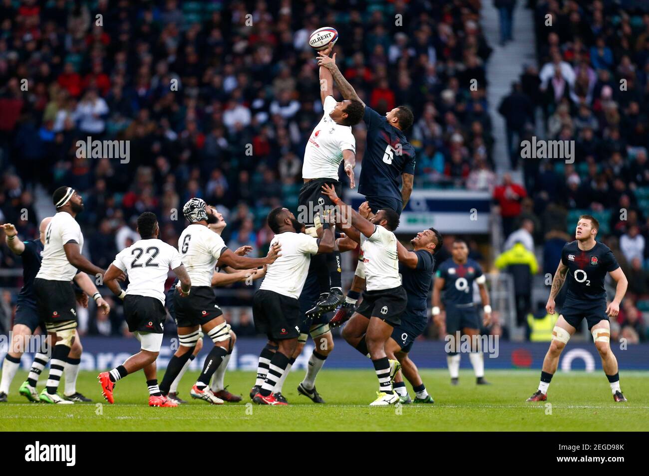 Britain Rugby Union - England v Fiji - 2016 Old Mutual Wealth Series - Twickenham Stadium, London, England - 19/11/16 Fiji's Leone Nakarawa in action with England's Courtney Lawes during a line out Reuters / Andrew Winning Livepic EDITORIAL USE ONLY. Stock Photo