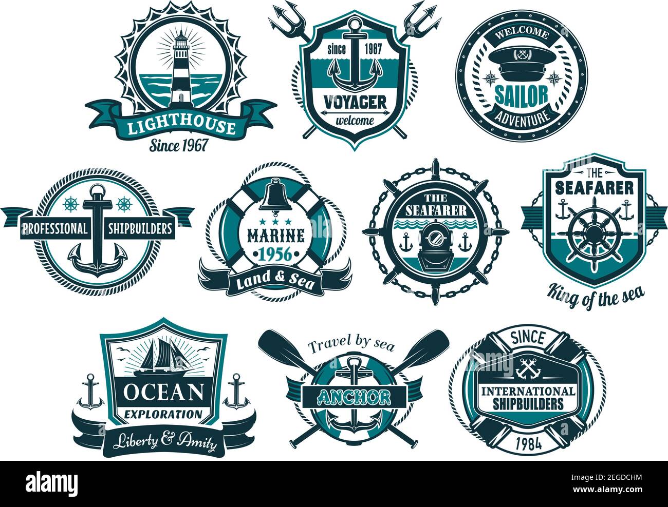 Sea anchor and boat helm nautical badge set. Anchor and steering wheel