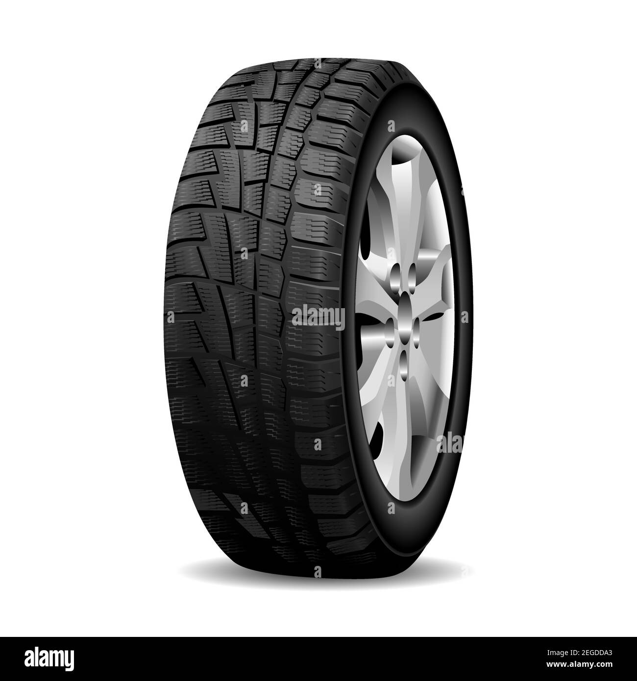 Winter tire. Realistic Wheel tyre chrome rim, isolated. Automotive tire with snow tread. Frozen road rubber protector. Sport, bus or suv transportatio Stock Vector