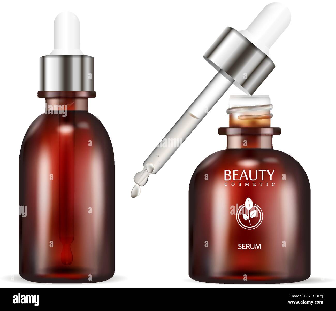 Serum bottle with dropper. Cosmetic Flacon. Vector Illustration. Vial for organic essential aroma oil. Brown glass bottle for essence. Realistic 3d pa Stock Vector