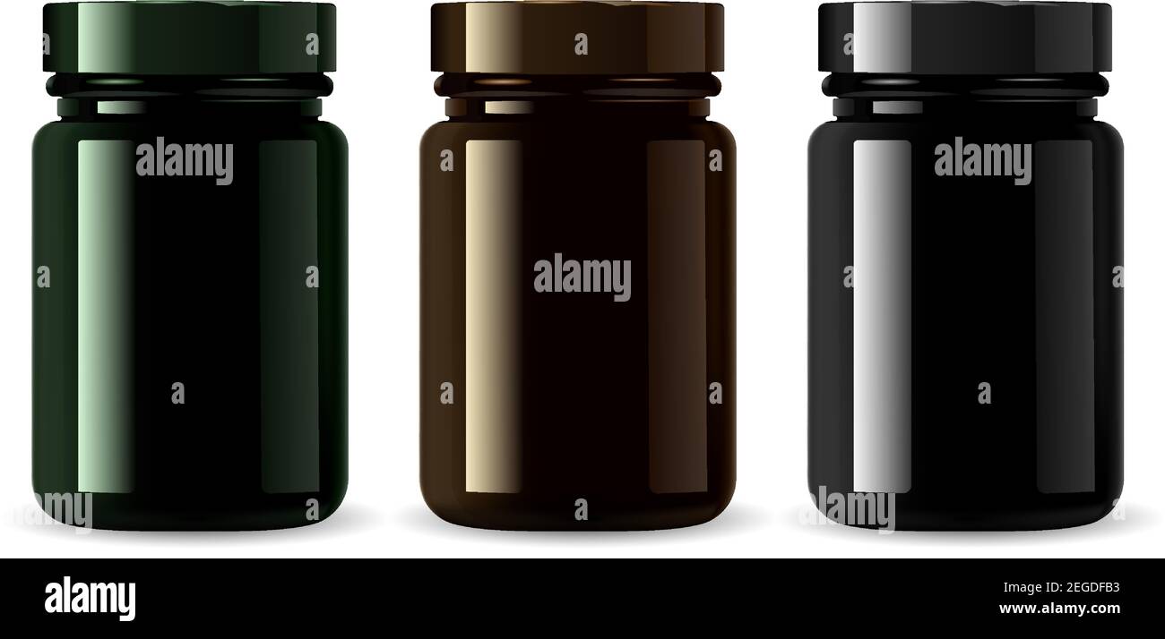Premium Vector  Black bottle. cosmetic jar 3d . glossy glass supplement  pill container